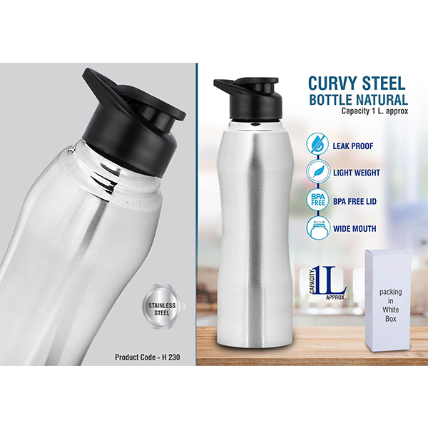H230 – Curvy Steel Bottle Natural | Capacity 1L Approx