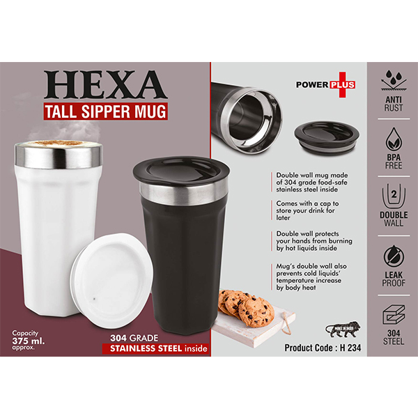 H234 – Hexa : Tall Sipper Mug | 304 Grade Stainless Steel Inside | Capacity 375Ml Approx
