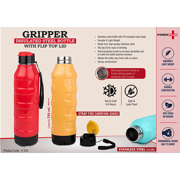 H243 – Gripper: Insulated Steel Bottle With Flip Top Lid | Keeps Hot & Cold For 4-6 Hours | Strap For Carrying Easily | Capacity 750 Ml Approx
