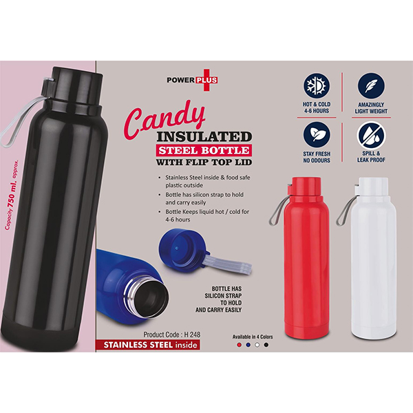 H248 – Candy: Insulated Steel Bottle With Flip Top Lid | Keeps Hot & Cold For 4-6 Hours | Strap For Carrying Easily | Capacity 750 Ml Approx