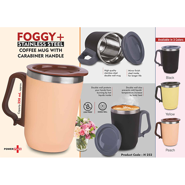 H252 – Foggy+ Stainless Steel Coffee Mug With Carabiner Handle | Leakproof Cap | Capacity 350Ml Approx