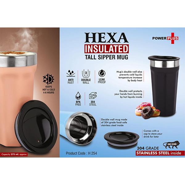 H254 – Hexa Insulated : Tall Sipper Mug With Temperature Retention | 304 Grade Stainless Steel Inside | Keeps Hot Upto 4 Hours | Capacity 375Ml Approx
