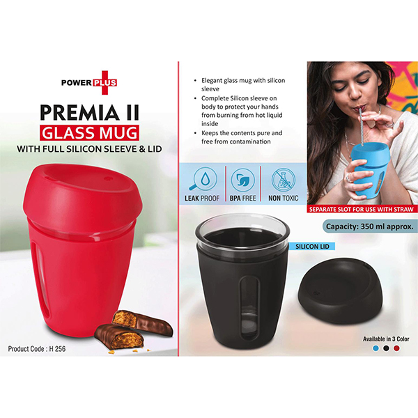 H256 – Premia Ii: Glass Mug With Full Silicon Sleeve & Lid | Capacity: 350 Ml