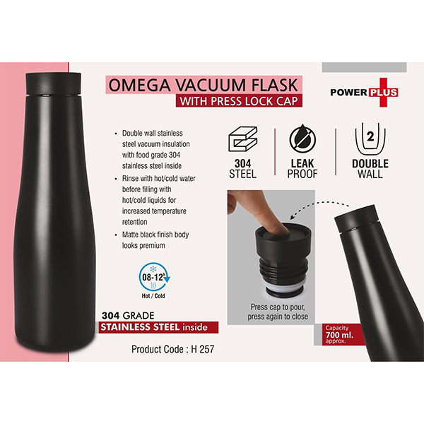 H257 – Omega Vacuum Flask With Press Lock Cap | Capacity 0.7 Ml Approx | Made Of 304 Grade Steel