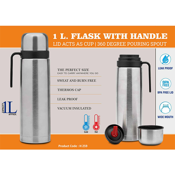 H259 – 1L Flask With Handle | Lid Acts As Cup | 360 Degree Pouring Spout