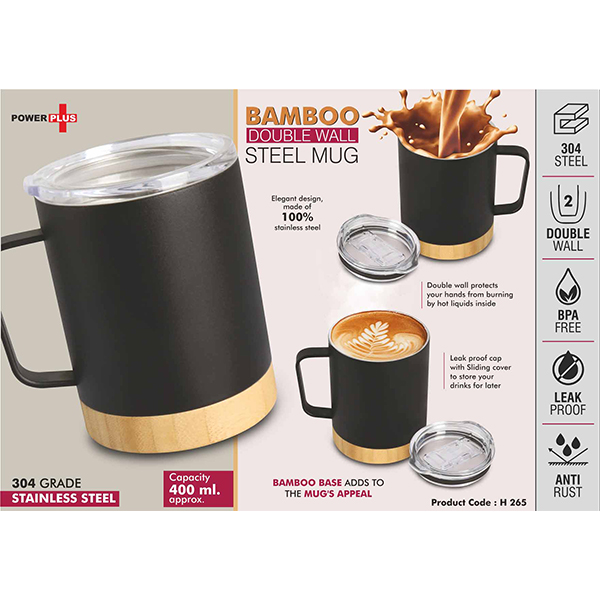 H265 – Bamboo Double Wall Steel Mug With Leakproof Lid | 304 Steel Inside | Capacity 0.4 Ml Approx