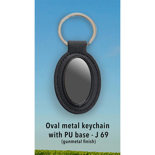 J69 – Oval Metal Keychain With Pu Base (Gunmetal Finish)