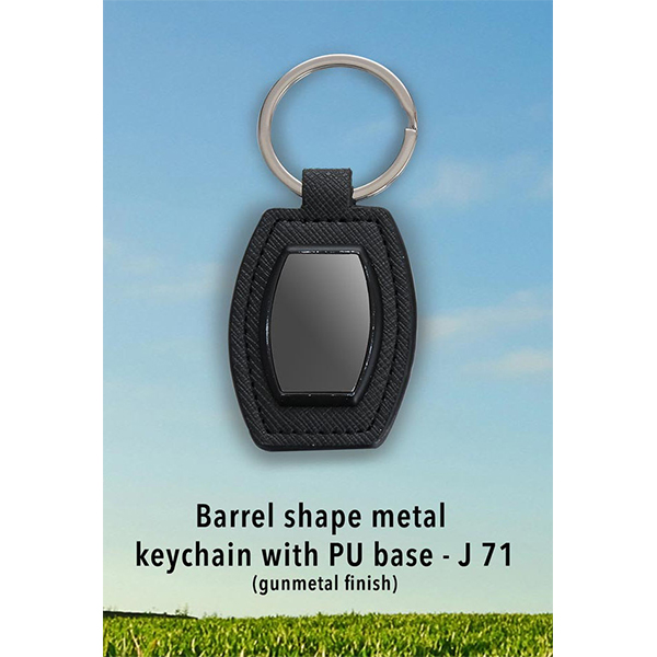 J71 – Barrel Shape Metal Keychain With Pu Base (Gunmetal Finish)