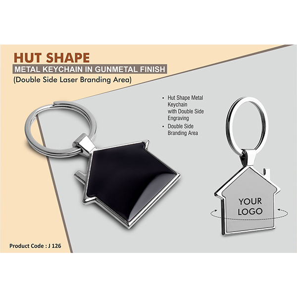 J126 – Hut Shape Metal Keychain In Black Finish (Double Side Laser)