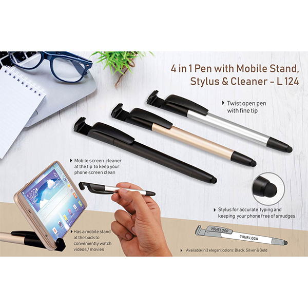 L124 – 4 In 1 Pen With Mobile Stand, Stylus And Cleaner