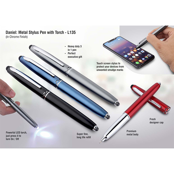 L135 – Daniel: Metal Stylus Pen With Torch (Chrome Finish)