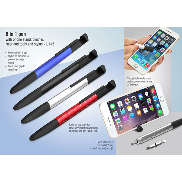 L145 – 6 In 1 Pen With Phone Stand, Cleaner, Ruler And Tools And Stylus
