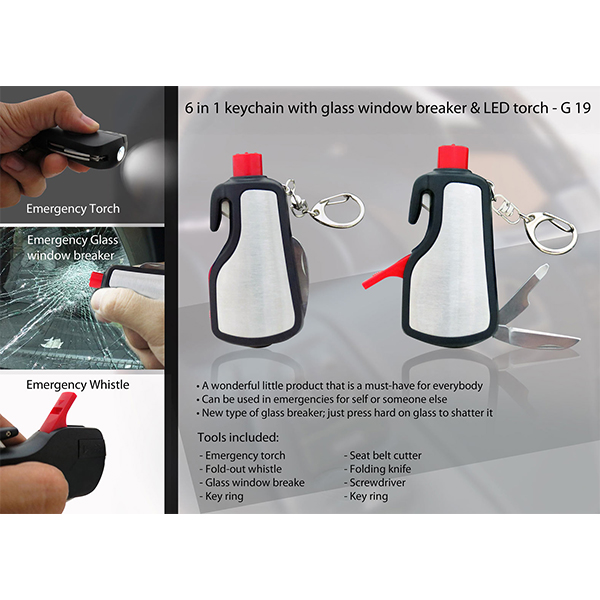 G19 – 6 In 1 Keychain With Glass Window Breaker & Led Torch