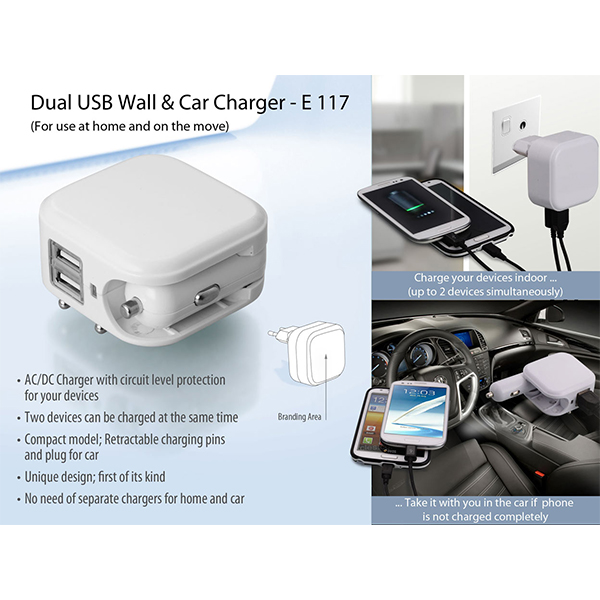 E117 – Wall And Car Charger- Dual Usb