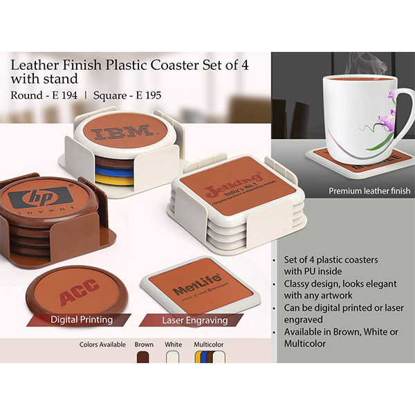 E195 – Leather Finish Plastic Coaster Set Of 4 With Stand (Square)