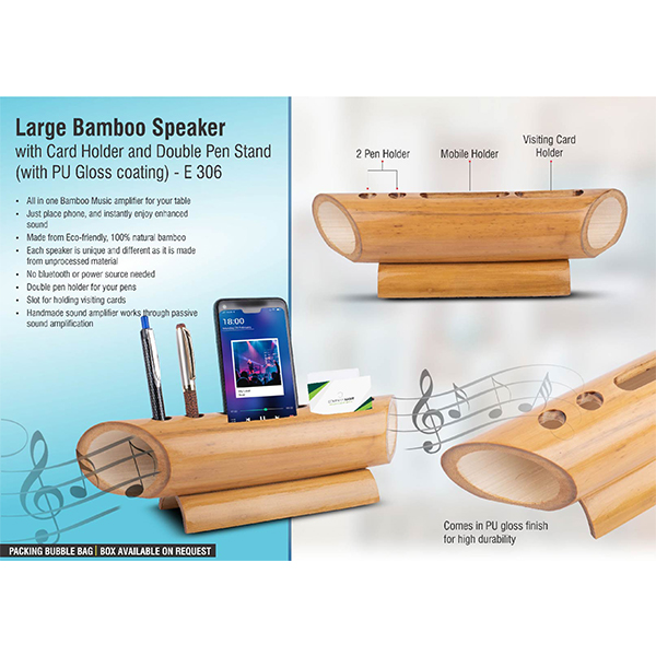 E306 – Large Bamboo Speaker With Card Holder And Double Pen Stand (With Pu Gloss Coating)