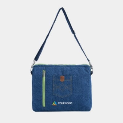 Patch Pocket Detail Upcycled Denim Laptop Bag