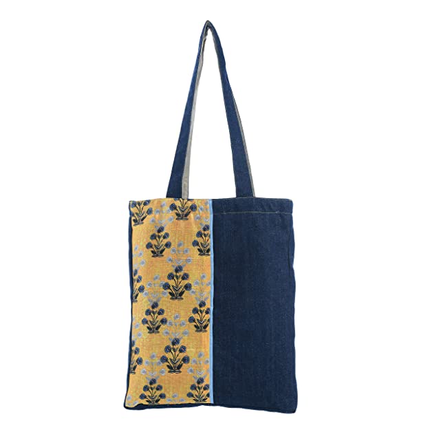 Floral Printed Patch Denim Tote