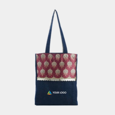 Floral Motif Printed Patch Denim Tote