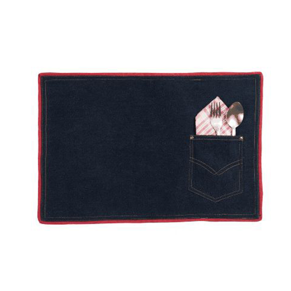 Upcycled Denim Table Mats With Red Border, Pocket And Contrast Napkins