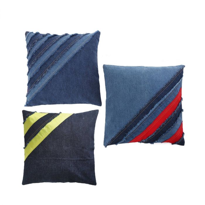 Fringe Detail Denim Cushion Cover With Red Patchwork (Set Of 2)