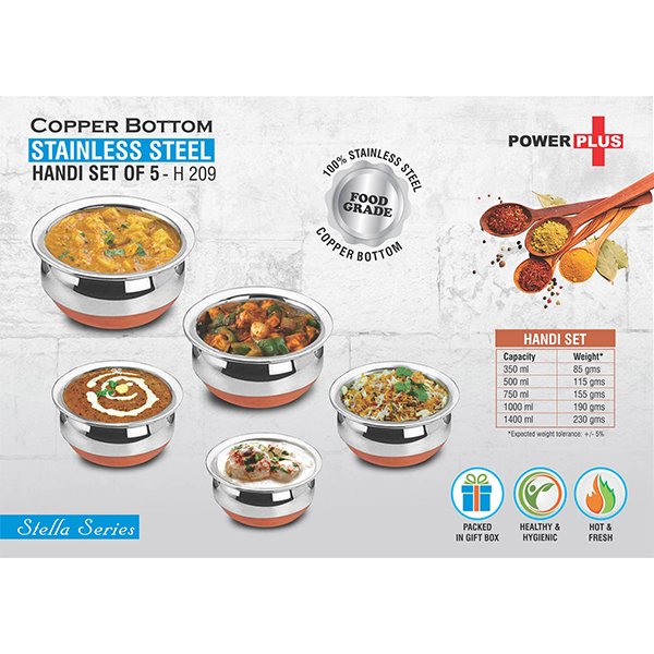 H209 – Copper Bottom Stainless Steel Handi Set Of 5 | Size 7″ To 11″