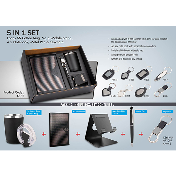 Q53 – 5 In 1 Set: Foggy Ss Coffee Mug, Metal Pen, Metal Mobile Stand, A5 Notebook And Keychain