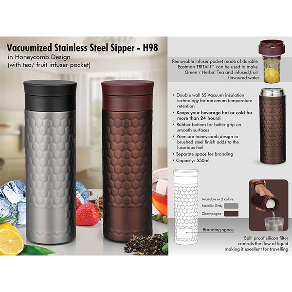 H98 – Vacuumized Tea/ Fruit Infuser Ss Sipper In Honeycomb Design (550 Ml)