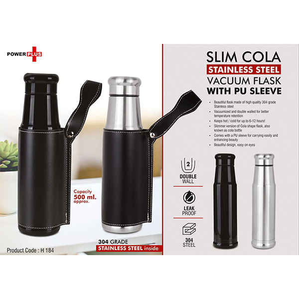 H184 – Slim Cola Stainless Steel Vacuum Flask With Pu Sleeve | 500 Ml Approx