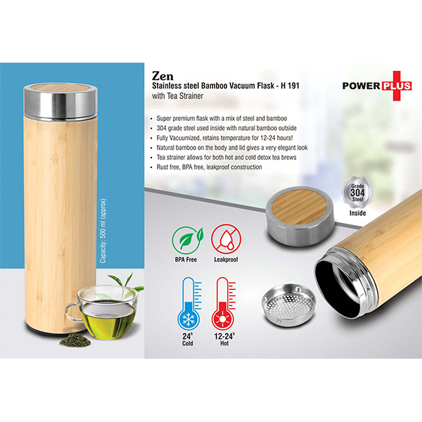 H191 – Zen: Stainless Steel Bamboo Vacuum Flask With Tea Strainer | Capacity 500 Ml Approx