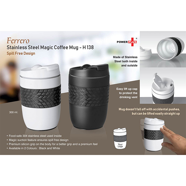 H138 – Ferrero Stainless Steel Magic Coffee Mug (300 Ml Approx) (Spill Free Design)