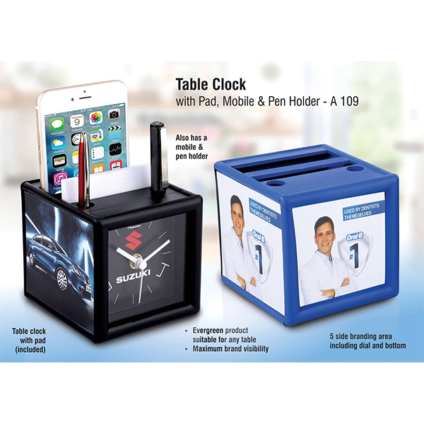 A109 – Table Clock With Pad And Mobile Holder (4 Side Branding Area) (Branding Included) (Moq: 200 Pcs)
