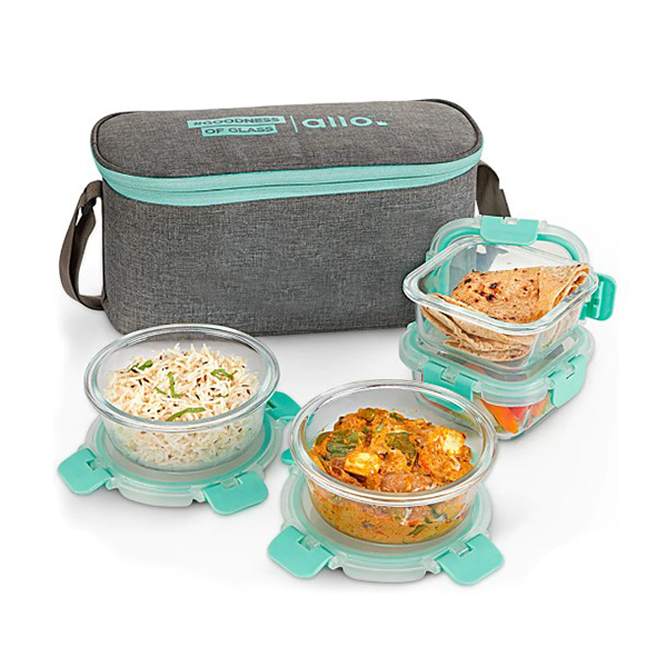 310 X 2, 390Ml X 2 Allo Foodsafe Microwave Oven Safe Glass Lunch Box With Canvas Grey Tiffin Bag