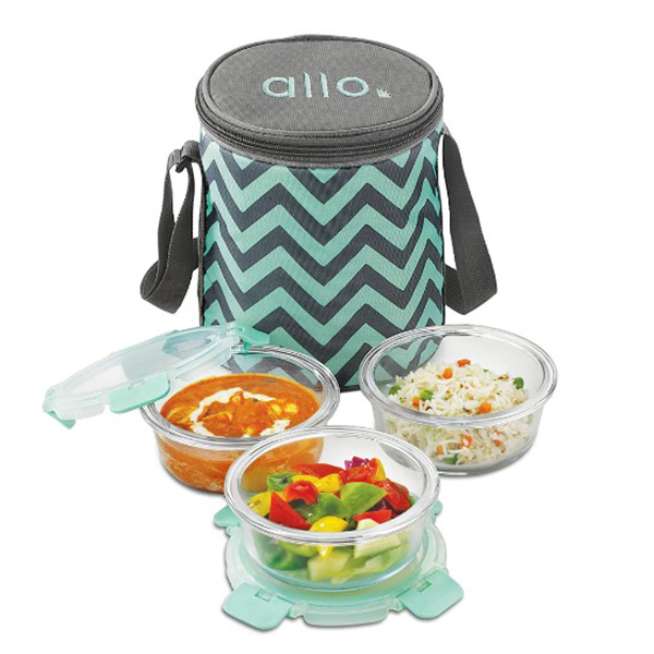 390Ml X 3 Allo Foodsafe Microwave Oven Safe Glass Lunch Box With Chevron Mint Tiffin Bag