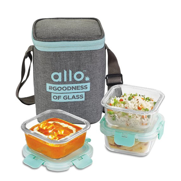 310Ml X 3 Allo Foodsafe Microwave Oven Safe Glass Lunch Box With Canvas Grey Tiffin Bag