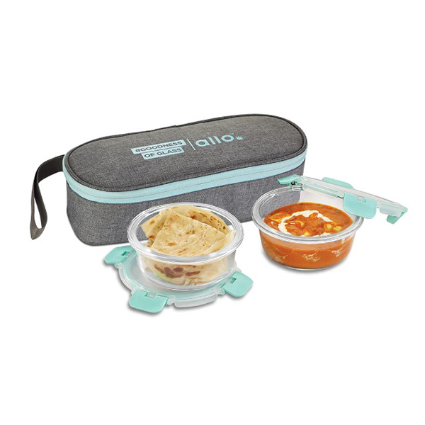 390Ml X 2 Allo Foodsafe Microwave Oven Safe Glass Lunch Box With Canvas Grey Tiffin Bag