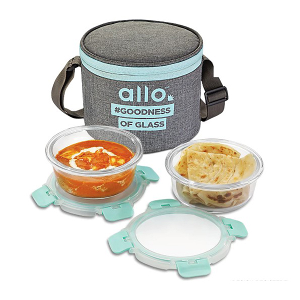 390Ml X 2 Allo Foodsafe Microwave Oven Safe Glass Lunch Box With Canvas Grey Tiffin Bag
