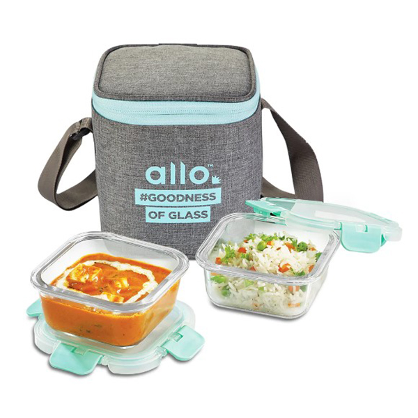 310Ml X 2 Allo Foodsafe Microwave Oven Safe Glass Lunch Box With Canvas Grey Tiffin Bag