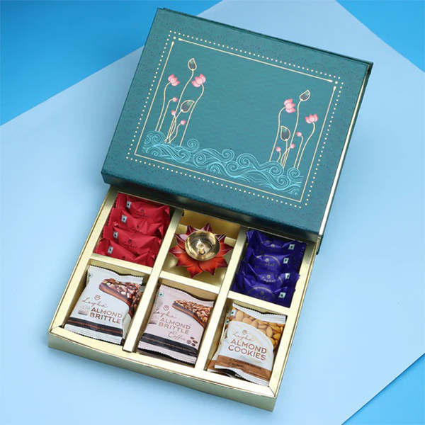 Pichwai Bottle Green Box With Brass Diya & Nut Delicacies 192 Grams