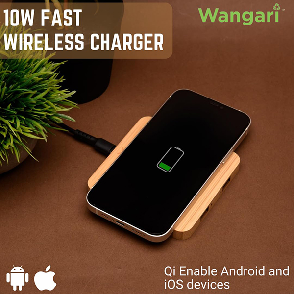 Pine 15W Square Bamboo Wireless Charger With Usb Hub Waw9002