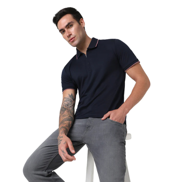 Selected Homme Figo Zip Style T-Shirt- Navy Blue