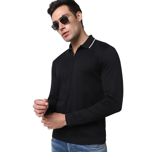 Selected Homme Full Sleeves Zip T-Shirt- Black