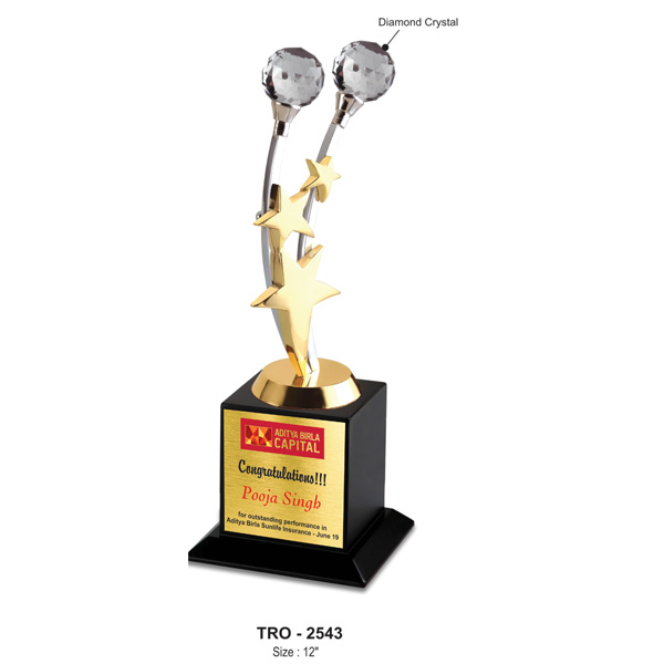 3 Star Metal Trophy With Diamond Crystal Ball Tro-2543 (12 Inches)