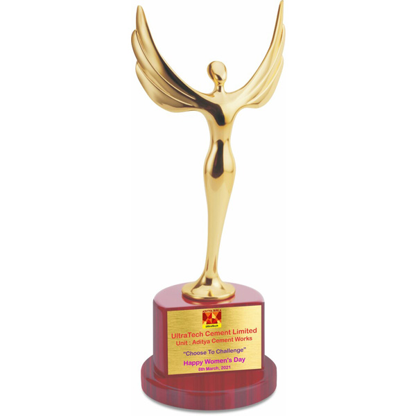 Premium Metal Flying Lady Trophy, On A Wooden Base Tro-2204 (13 Inches)