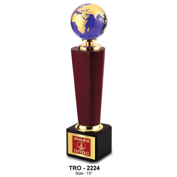 Premium Blue Globe Trophy, Made Of High Gloss Wood, And Metal Parts Tro-2224 (13 Inches)