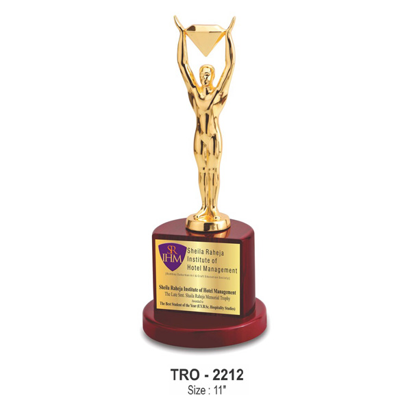 Premium Trophy With A Man Holding A Diamond, On A Wooden Base Tro-2212 (11 Inches)