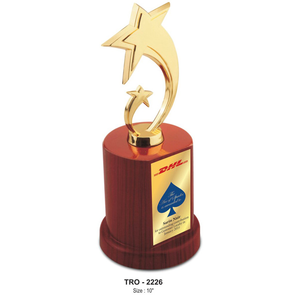 Twin Star Metal Trophy, On A Wooden Base Tro-2226 (10 Inches)