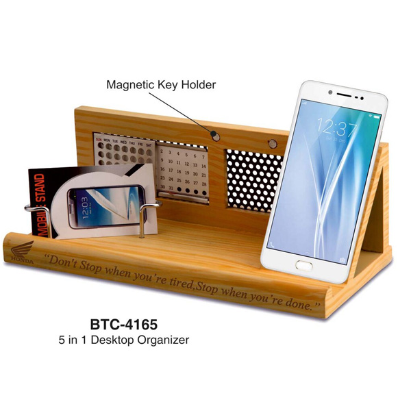 Wooden Desk Organizer With Perpetual Calendar, Mobile Stand, Visiting Card Holder & Magnetic Key Holder Btc-4165