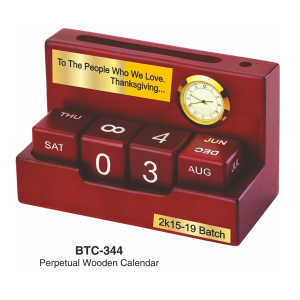 Wooden Perpetual Calendar With Clock Btc - 344