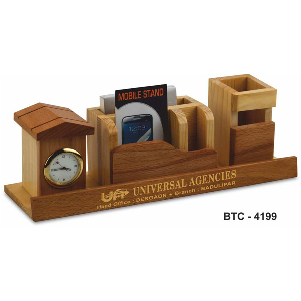 Home Shape Wooden Desk Organizer With Clock Btc-4199